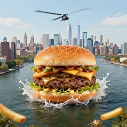 Giant burger and fries splashes into New York city river, mind-bending digital art, macro photography 25mm, hollywood movie cinematic helicopter view