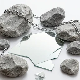 chains an rocks and broken mirrors, 8 k, hdr, great light, gustave courbet, annie leibowitz