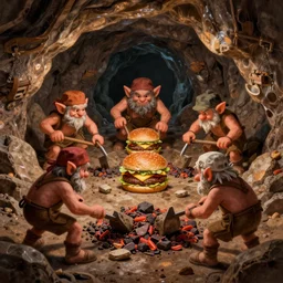 cartoon goblin miners in an underground grotto, digging through rock and ore for hamburgers. highly detailed, digital painting