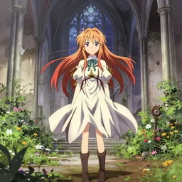 anime kyoto animation key by greg rutkowski, violet evergarden in abandoned chapel with overgrown flowers and plants