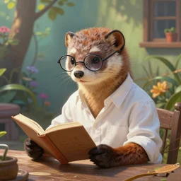 portrait painting of a furry weasel in a white shirt, wearing glasses, sits at a table reading by wenjun lin, irakli nadar, bright colors, octopath traveler, wenjun lin, unreal engine 5 highly rendered, global illumination, 9 radiant light, detailed and intricate environment