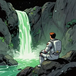 Space landscape of another planet, a man in a spacesuit sits on a stone and looks at a green waterfall, comics style