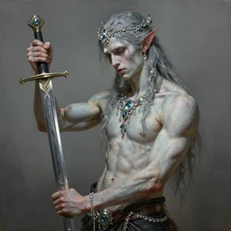 painting of pale lithe muscular androgynous male warrior, long hair, carrying a sword, ultra realistic, concept art, intricate and ornate crystal jewelry, eerie, highly detailed, photorealistic, octane render, by artgerm and greg rutkowski and alphonse mucha.
