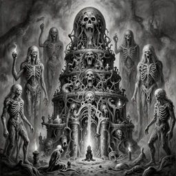 b & w inks of 1 1 horrifying sputum machines as autolysis idols, wick burning flayed gods, in tiers, colossal medical gangrene machines in tiers, eating iself!!! by wayne d barlowe, b wrightson, boris vallejo, stefano tamburini, torch light, muted colors, epic, hyper detailed, awe inspiring, award winning horror, hyper