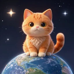 A fuzzy orange cat sitting on planet earth, space with stars in the background, trending on artstation, 3D animation, highly-detailed illustration