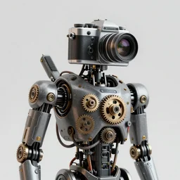 humanoid robot with an old school camera for a head, sci - fi, dystopian, 4 k, realistic, detailed, gears, wires, cables, gadgets