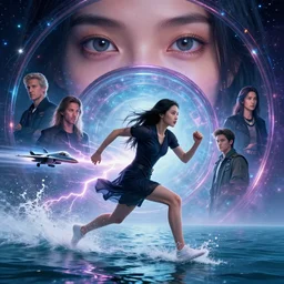 seductive lee jin - eun running on water at super speed, emerging from multiversal galactic portal, splashes of lightning behind her, zooming past a jet, by ilya kuvshinov, peter mohrbacher, ruan jia, and james jean, aivazovsky, rule of thirds, coherent symmetry, close up, majestic, beautiful eyes