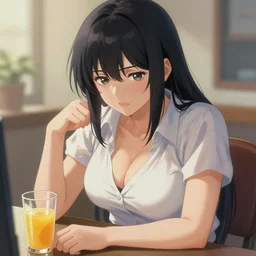 a very chesty anime woman wearing low cut shirt sitting at a desk next to a glass of juice, a detailed painting by zhou jichang, trending on pixiv, fantasy art, official art, detailed painting, anime