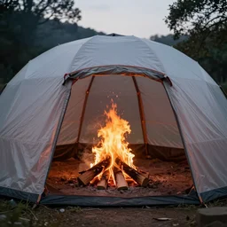a campfire inside of a large dome, viewed from the outside