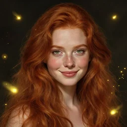 a highly detailed, hyper realistic, full body gorgeous portrait of a red haired young woman, surrounded by the like of golden fireflies, long hair, green eyes, hint of freckles, round gentle face, cheeky smile, romantic, deep focus, elegant, digital painting, smooth, sharp, golden ratio, illustration, art by artgerm and caravaggio