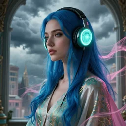 close up portrait, blue long haired elegant model, female, wearing headphones, by greg rutkowski, in front of a window, storm clouds, fantasy city, glowing headphones, teal and pink color palette, surreal light flowing in the air, ornate design, annie liebovitz, powerful zen composition, alphonse mucha, elegant cloth c