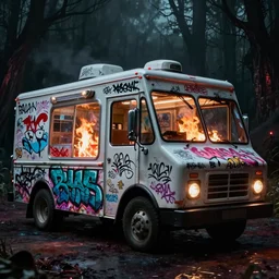 graffiti covered ice cream truck on fire at night, vapor wave, volumetric lighting, haunting atmosphere, gothic, photorealistic, hyperdetailed 3 d render, hyperrealism, hyperrealistic, cinematic, silent hill, horror style