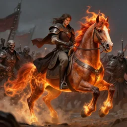ainz ooal gown leading his undead army to battle riding a flaming horse, undead soldiers in background, highly detailed, deep focus, elegant, artstation, digital painting, smooth, sharp focus, illustration, ultra realistic, 8 k, art by jama jurabaev