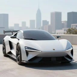 a close up photo of a futuristic sport car, city background, sunny day time, digital art, minimalism, photorealistic, sharp focus, artstation hq