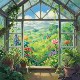 a heavenly dream view from the interior of my cozy greenhouse filled with exotic and numerous plants from a Makoto Shinkai oil on canvas inspired pixiv dreamy scenery art majestic fantasy scenery cozy window frame fantasy pixiv scenery art inspired by magical fantasy exterior