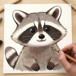 a raccoon painting a picture of himself, anime, kawaii