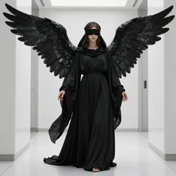 a heavenly angel in flowing black robes and sporting pearlescent wings, wearing a blindfold, modest, blind, head covered by a hood, black robes, alabaster, sculpted, black robes, standing in a white startship hallway, detailed, epic masterpiece, master cinematography, hyper realism, realistic shading, unreal engine, peter mohrbacher