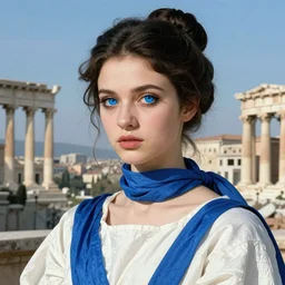 A beautiful performance art of a young woman with big blue eyes. She has long lashes and a small mouth. Her hair is pulled back in a bun with a few stray hairs falling down. She's wearing a white dress with a blue sash and a blue scarf around her neck. In the background is a cityscape with tall buildings. Ancient Roman, jet black by J.M.W. Turner, by Otto Dix colorful