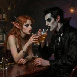 a highly detailed matte painting of a fairy getting drunk with a goth vampire at the bar counter of a moody pub in manhattan, close up, gloomy, soft, by artgerm, by wlop, by greg rutkowski, volumetric lighting, octane render, 4 k resolution, trending on artstation, masterpiece