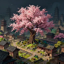 ancient city, tree with cherry blossoms in the middle, colorfully, dark mood, detailed illustration, dark climate, digital art, highly saturated colors, overdetailed art, concept art, detailed illustration, hd, 4 k, digital art, greg, dan mumford, rutkowski, wlop, trending on artstation