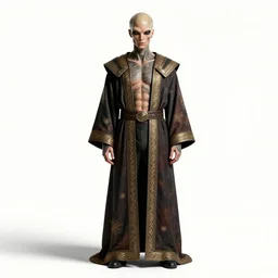 tattooed alien ambassador in robes, photorealistic portrait photography, full body, standing, isolated on a pure white background, centered, whole figure in frame, sharp focus, studio lighting