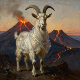 goat demon standing in front of volcano, embers, lava, dusk, dramatic lighting, style of old masters, rembrandt, alphonse mucha, oil painting, soft translucent fabric folds
