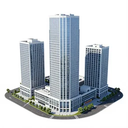 5 level office building with 3 complexes in triangle shape, photo taken from the street level, round parking circle at entrance, trees, snow mountain backdrop, single vertical dark green panel strip at front of building with company logo, landscape
