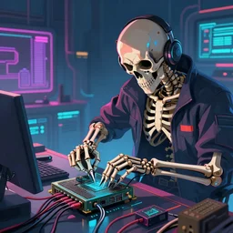 cyberpunk skeleton maintenance worker fixing a modem, sharp lines, digital, artstation, colored in