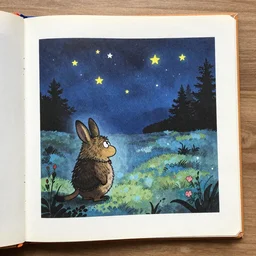 a page from a hand illustrated storybook about moomintroll seeing the stars at night on a peaceful summers eve