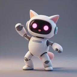 product photo of a futuristic happy surprised robot pet, asymmetric minimalistic cute, by artgerm and greg rutkowski and marc newson and zaha hadid, alphonse mucha, samsung apple webcam, matte glossy materials, neon, owl nycticebus fennec. flowing dancing pose. three quarter view, volumetric light, detailed, octane render, midsommar
