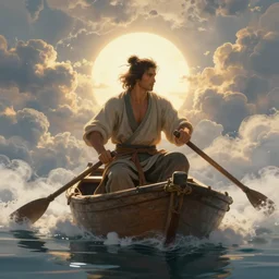 an intricate portrait illustration of an a man rowing on his boat on a lake of clouds, fantasy, low pov, epic lighting, hyper detail, artstation, cgsociety, photo - realistic, style by ivan talavera and artgerm, octane render