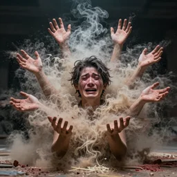 humans , feedback loop , burst of powders ,volumetric lighting, twisting vapour, bellowing dust , emerging hands and beautiful man’s crying face , full colour , upscale , 4k