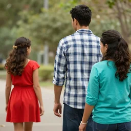 guy in checkered shirt walking with girl in cyan blouse and turns around to look at girl in red dress, cinematic, bokeh, realistic photo