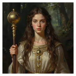 painted portrait of ancient kingdom female priest, long hair, magician rod, standing in the dark forest, upper body, fantasy intricate elegant extremely detailed digital painting trending artstation concept art sharp focus illustration art by gustave courbet greg rutkowski craig mullins