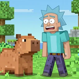 Rick Sanchez playing Minecraft with a capybara