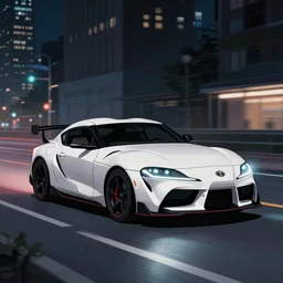 still of a toyota supra on the road in New York, action shot, 85mm, night city, anime, cell shaded, in the spotlight