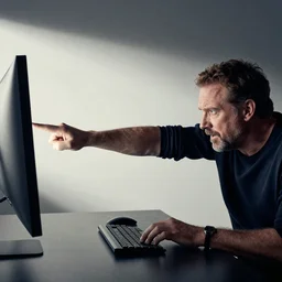 photograph of a alex jones punching a computer screen