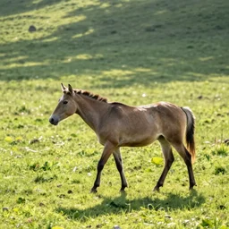 a photo of a centaur walking alone in a green field with nice bright weather
