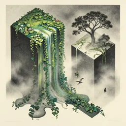 liquified isometric planes melting, grainy, risograph, dramatic lighting, flowing, lush overgrowth, ivy, vines, flowers, trees, birds, fog, matted print, muted colors, mads berg, victo ngai, moebius