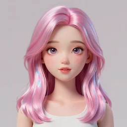 holographic oil paint pink hair on a 3 d girl with 2 d features