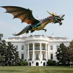 Photograph of a dragon flying over the white house. Extremely detailed. 4K. Award winning.