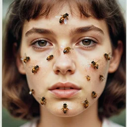 realistic photo of a a blurred face of a girl, covered in iridescent bees 1 9 6 0, life magazine photo, natural colors, metropolitan museum, kodak, 8 k, very detailed, high resolution, product photo,
