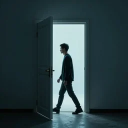 Sideview of a man walking through a mystical door to another dimension