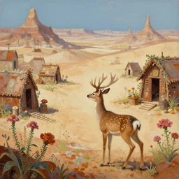 a transgender queer lgbt anthropomorphic deer doe is visiting a merchant town of flower huts in the badlands, matte oil painting, salt dunes, rust, retrofutistic, science fantasy, rpg, roguelike, epic, plants