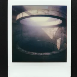 looking down into a super deep concrete structure, foggy, megalophobia, old polaroid, expired film,