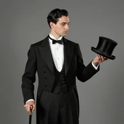 a realistic portrait of a male 1 9 2 0 s era magician, a tall, thin man who is always well dressed and always has a parlour trick literally up his sleeve. his slicked - back black hair, long - tailed tuxedo coat, black bow tie, walking stick and top hat are carefully curated so that he may provide a show at any time.
