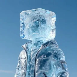 human made of ice with [ cube head ], wearing a jacket. digital art, solid background