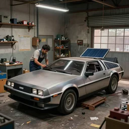 a cinematic matte painting of a boxy 1 9 8 0 s delorean - like car with solar panels on roof and doors, being worked on by a mechanic, in a cluttered garage in india. by edward hopper, glennray tutor and greg rutkowski. trending on artstation.