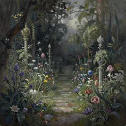 a gorgeous, fantastic, magic garden landscape by michael kidd, ( moebius ), trending on artstation, artgerm, oil on canvas,!! muted color tones!!, darker,!! low contrast!!, desaturated colors