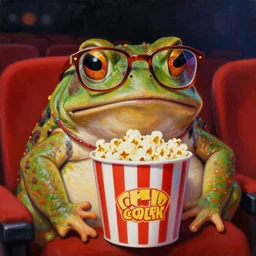 hyper realistic oil painting of a fat toad!! wearing anachrome! glasses in the cinema, bucket of popcorn, vibrant colors, high contrast, by greg rutkowski, trending on artstation